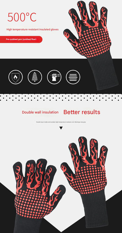Red Flame Pattern Extreme Heat Resistant BBQ Gloves - 500°C Flame Design Oven Gloves with Non-Slip Silicone Grip — image 2