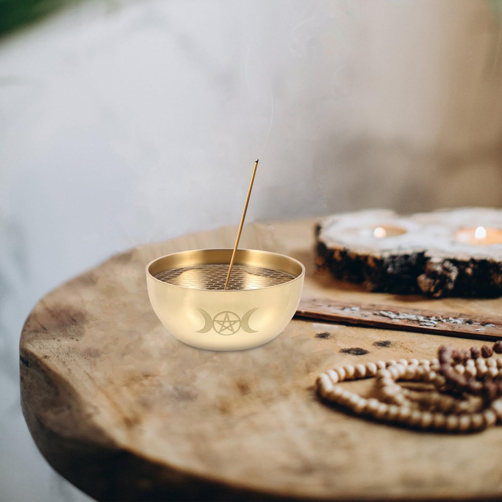 1 Set Triple Moon Pentacle Brass Offering Bowl Holy Water Bowl Incense Burner Smudging Bowl Decoration Bowl — image 5