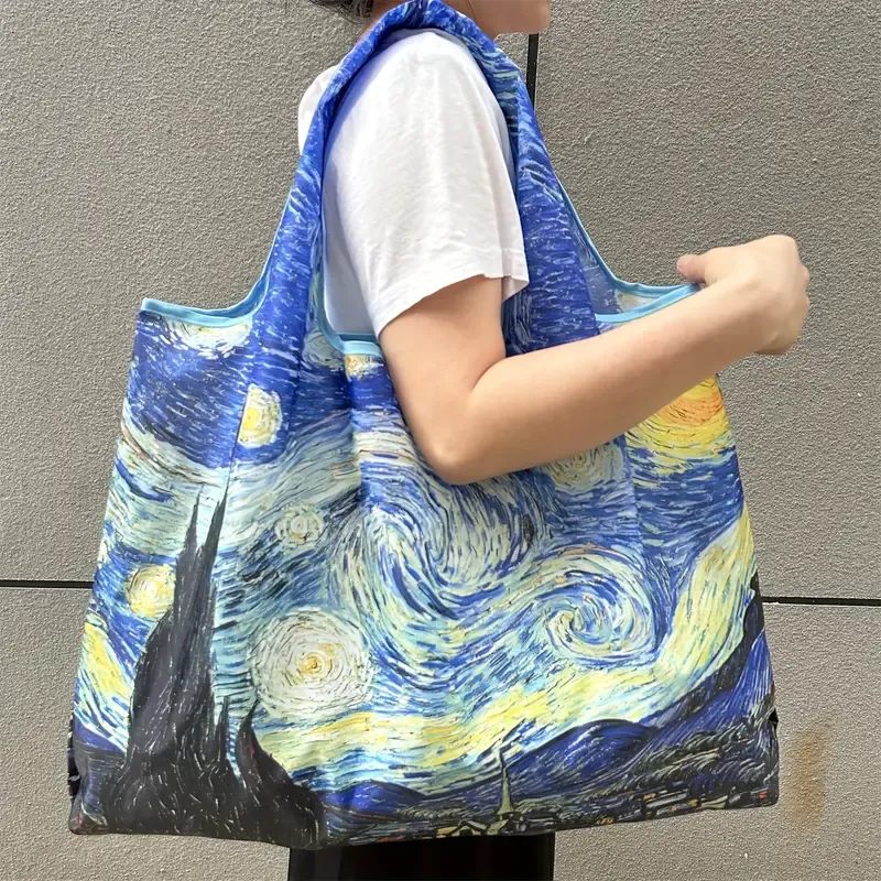 Polyester Oil-Painting Shopping Bag: Lightweight & Foldable, Large Capacity, Wear-Resistant, Shoulder/Hand Carry, Practical & Stylish