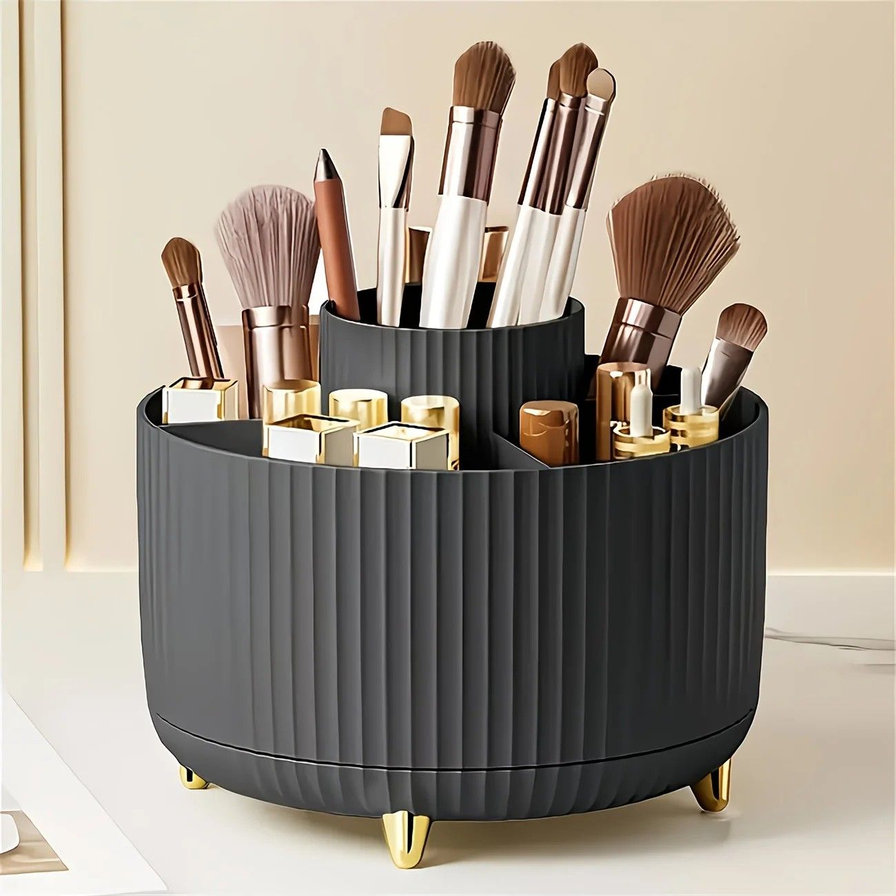✨ 360° Rotating Multi-Purpose Organizer | Multi-Layer Compartments & Non-Slip Base | Thickened Stripe Design, Perfect for Makeup, Desk & Car Storage/BLACK