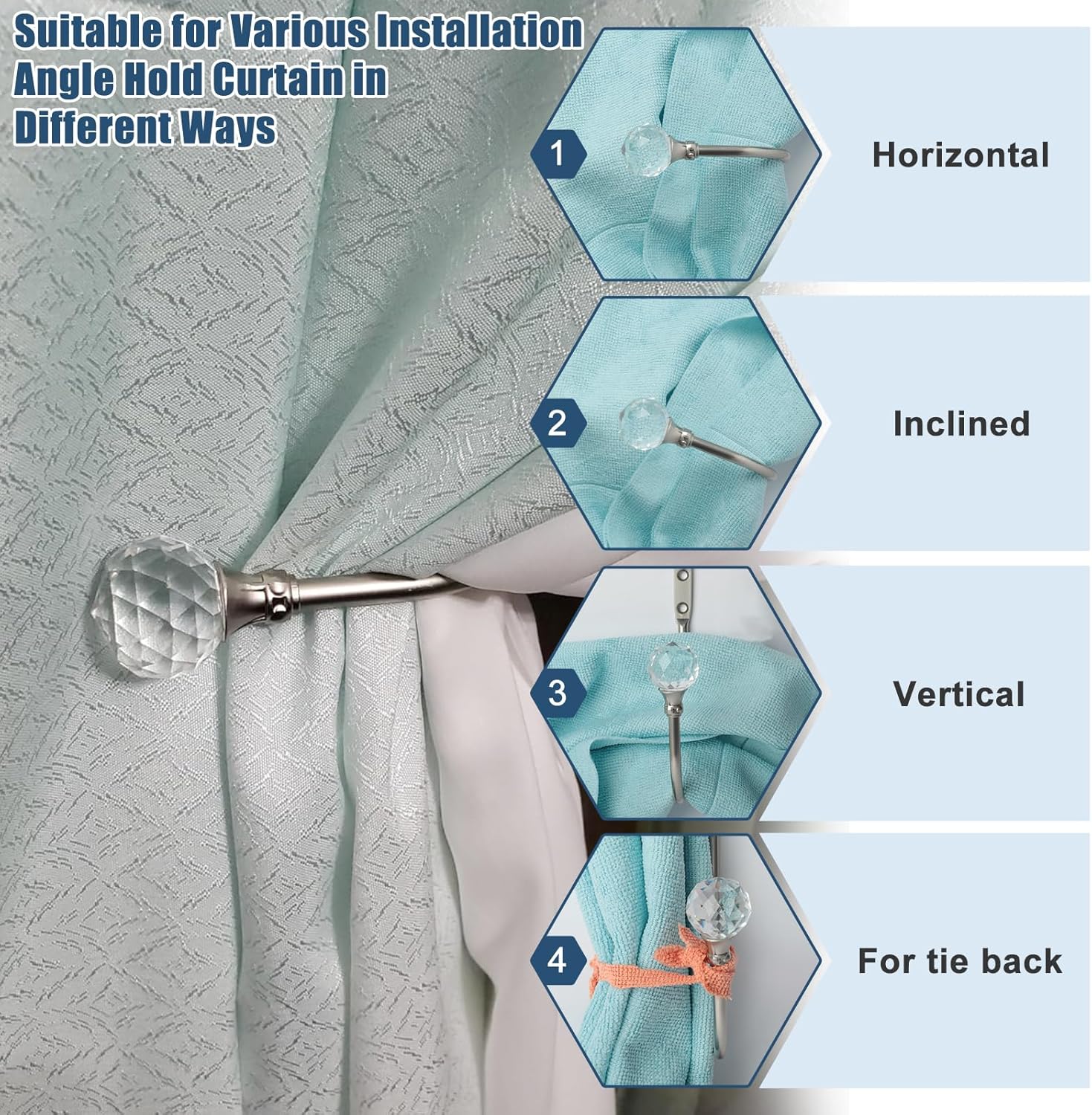 Curtain Holdbacks Silver Wall Mounted Curtain Holders Window Drapery Tiebacks with Clear Crystal Ball Quality Metal Curtain Tiebacks Curtain Hooks with Screws — image 2