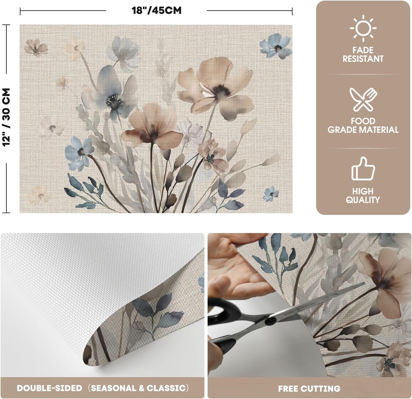 Brown Poppy Floral Vinyl Plastic Placemats Set of 4, Washable Non-Slip PVC Table Mats for Party Kitchen Dining Decor, 12x18 Inch โ image 6