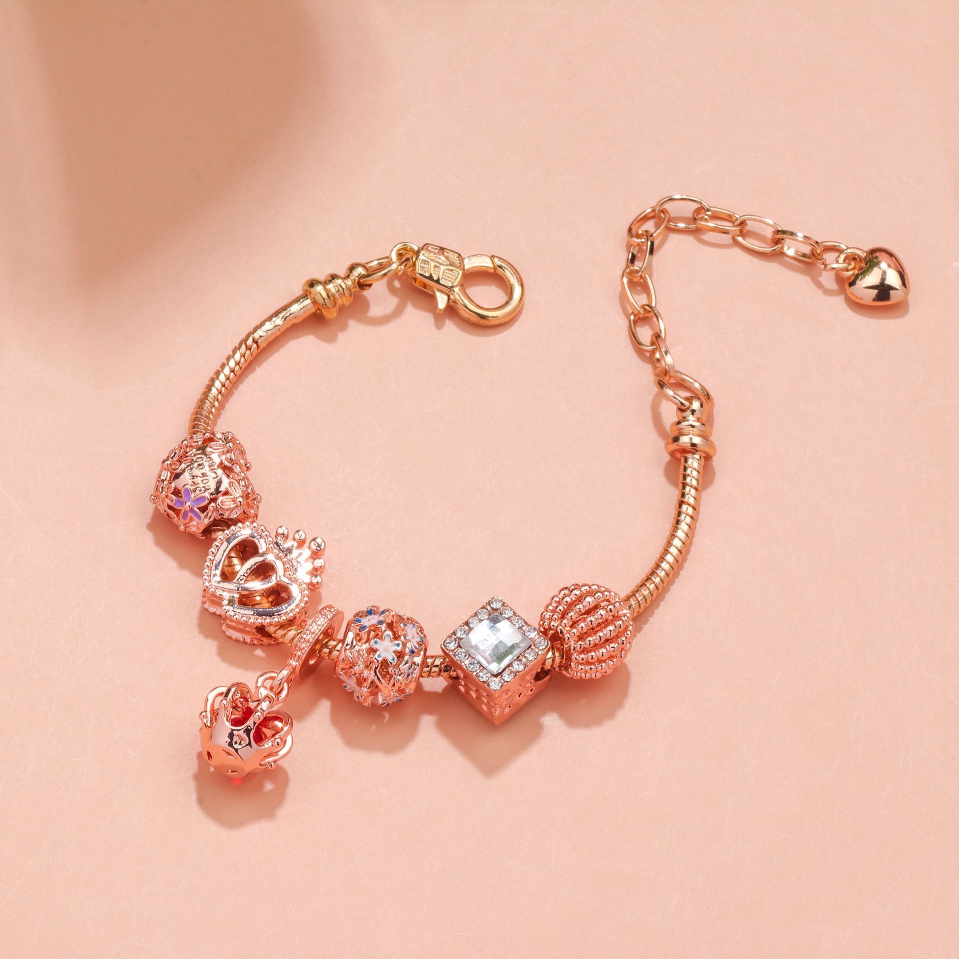 Hollow-out Rhinestone Heart Flower Charm Bracelet(rose gold, 19cm) โ image 5