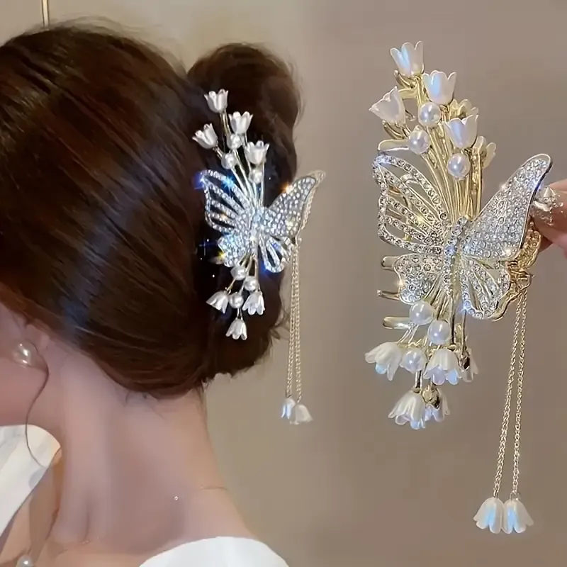 【Alloy Butterfly Tassel Claw Clip】 Fully Rhinestone-Encrusted Lily-of-the-Valley Pearls, Cascading Metal Tassels, Perfect for Updos, Buns & Side Clips