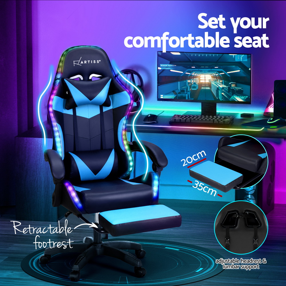 Artiss 6 Point Massage Gaming Office Chair 7 LED Footrest Cyan Blue โ image 5