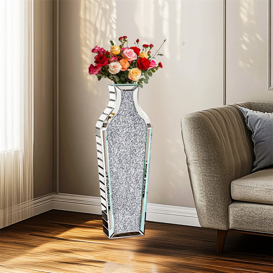 Sparkling Crushed Diamond Mirrored Floor Vase Tall Silver Glass Fake Flower Vase — image 5