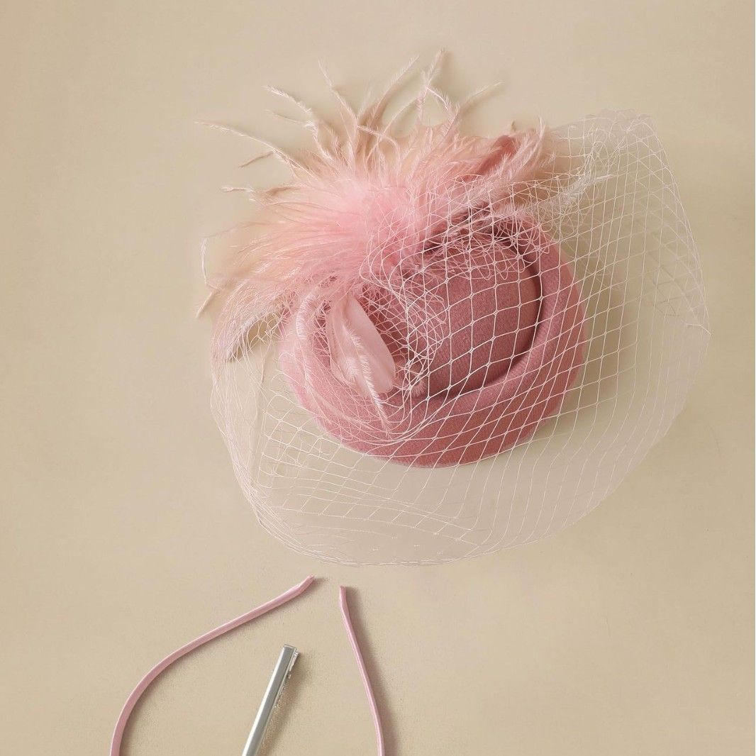 Female headwear accessories, bridal hat, veil, evening gown, hair accessories, retro mesh hat, theme party, headdress nude pink — image 2