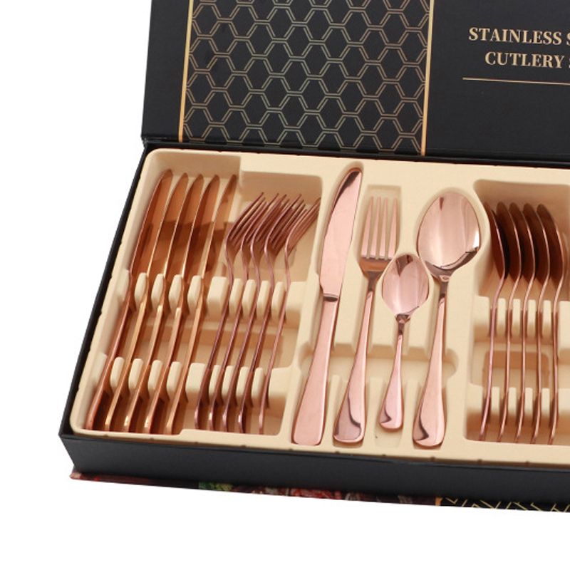 Flatware Set Stainless Steel Glossy 24 Pieces Steak Knife Fork Spoon Set for Restaurant Rose Gold — image 3
