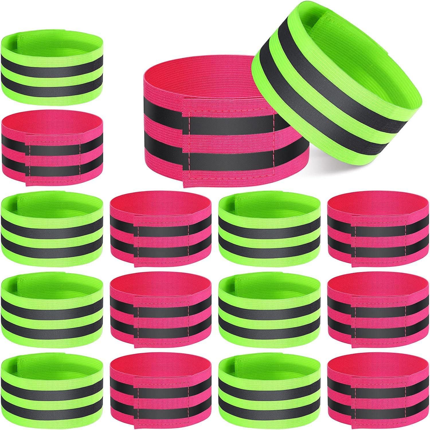 16 PCS Reflective Bands Reflector Bands for Wrist, Arm, Ankle, Leg,Reflector Tape Straps for Night Walking, Cycling and Running-(RoseRed+Green)