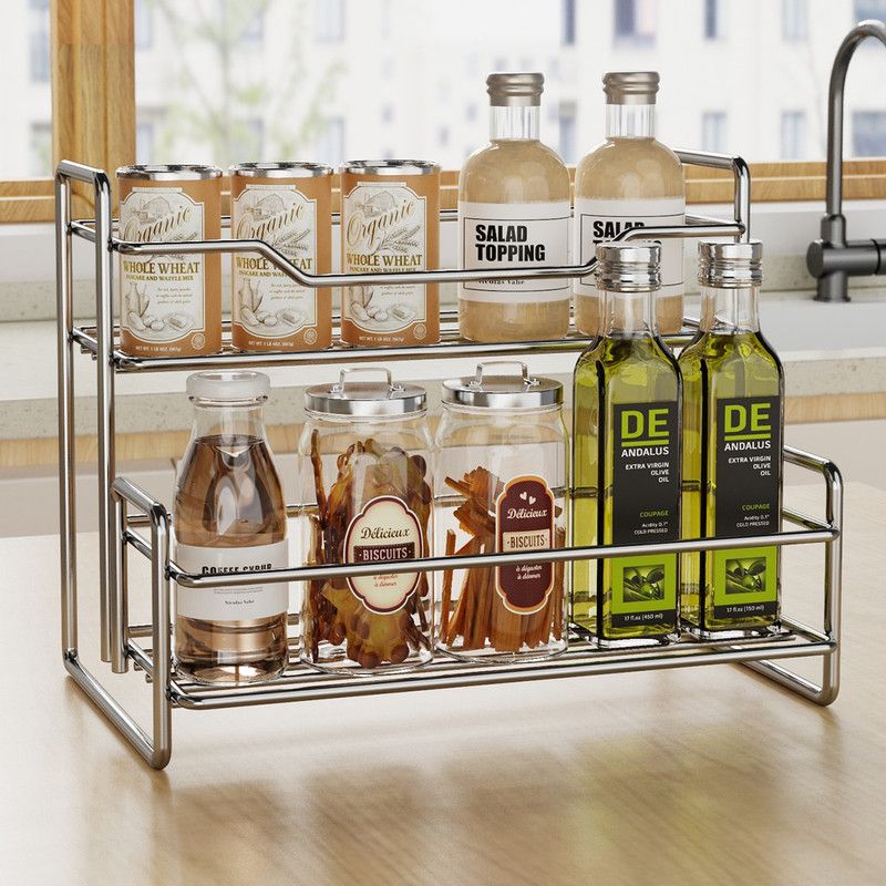 Stainless Steel Two Layers Storage Shelf Kitchen Spice Rack Bathroom Cosmetics Mouthwash Cup Organizer Storage Rack-Silver โ image 3