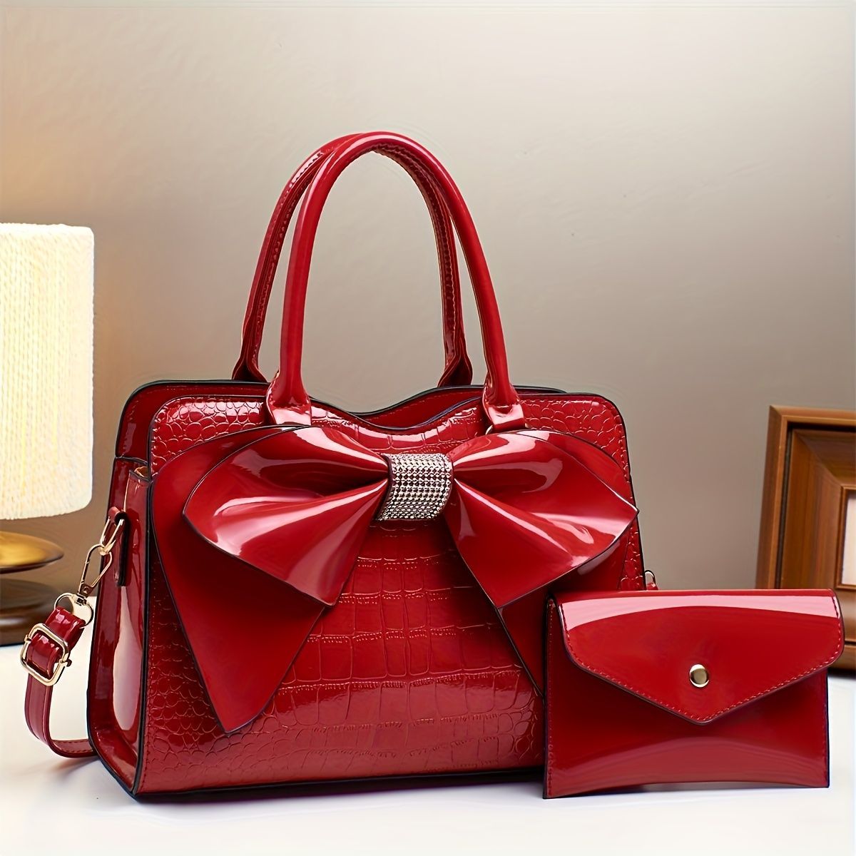 White Ladies Handbag Bow Embellished Handbag With Small Purse Crocodile - Pink - Size 29-12-21 — image 4