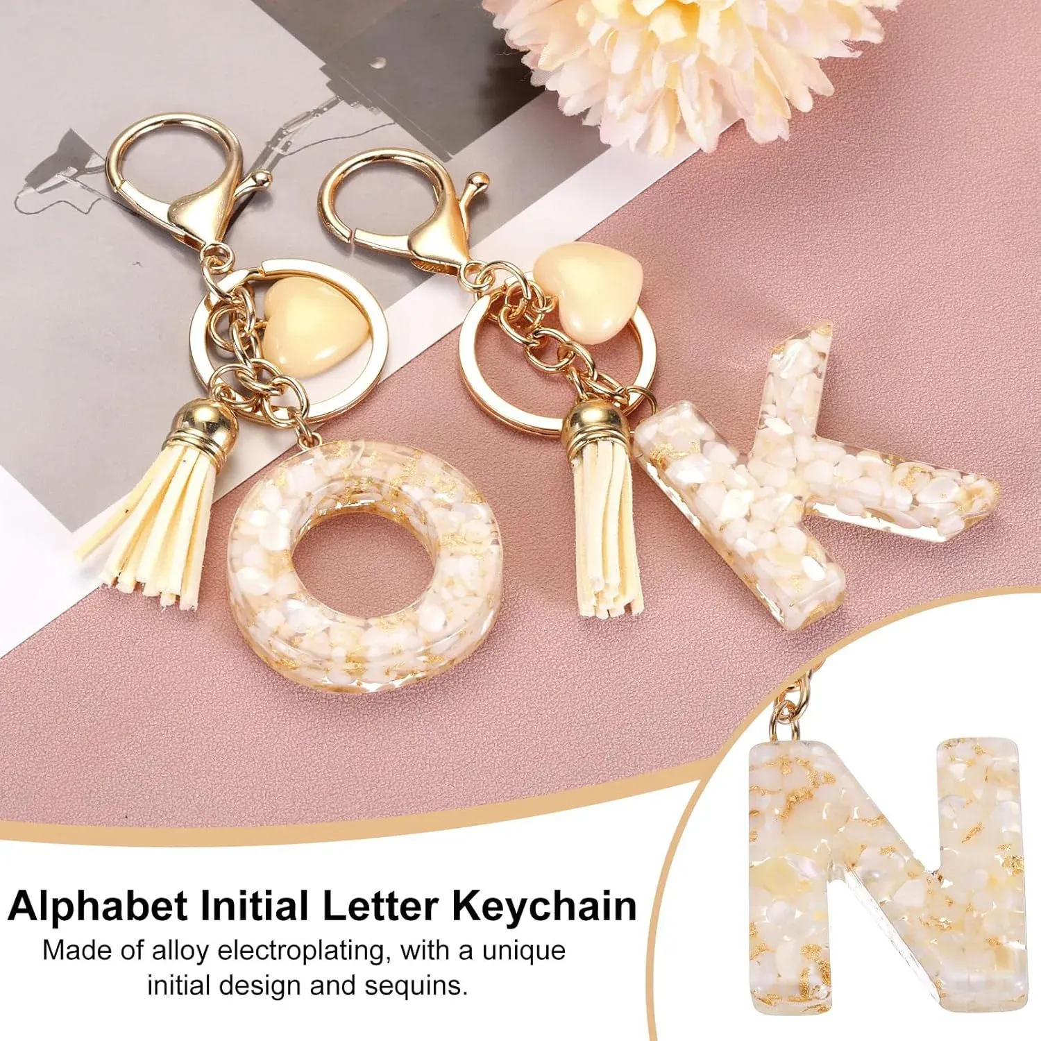 Initial Letter Resin Keychain with Tassel and Lobster Clasp for Bag Purse Backpack Accessories, N Gold Tone, Daily Comfort Use โ image 4