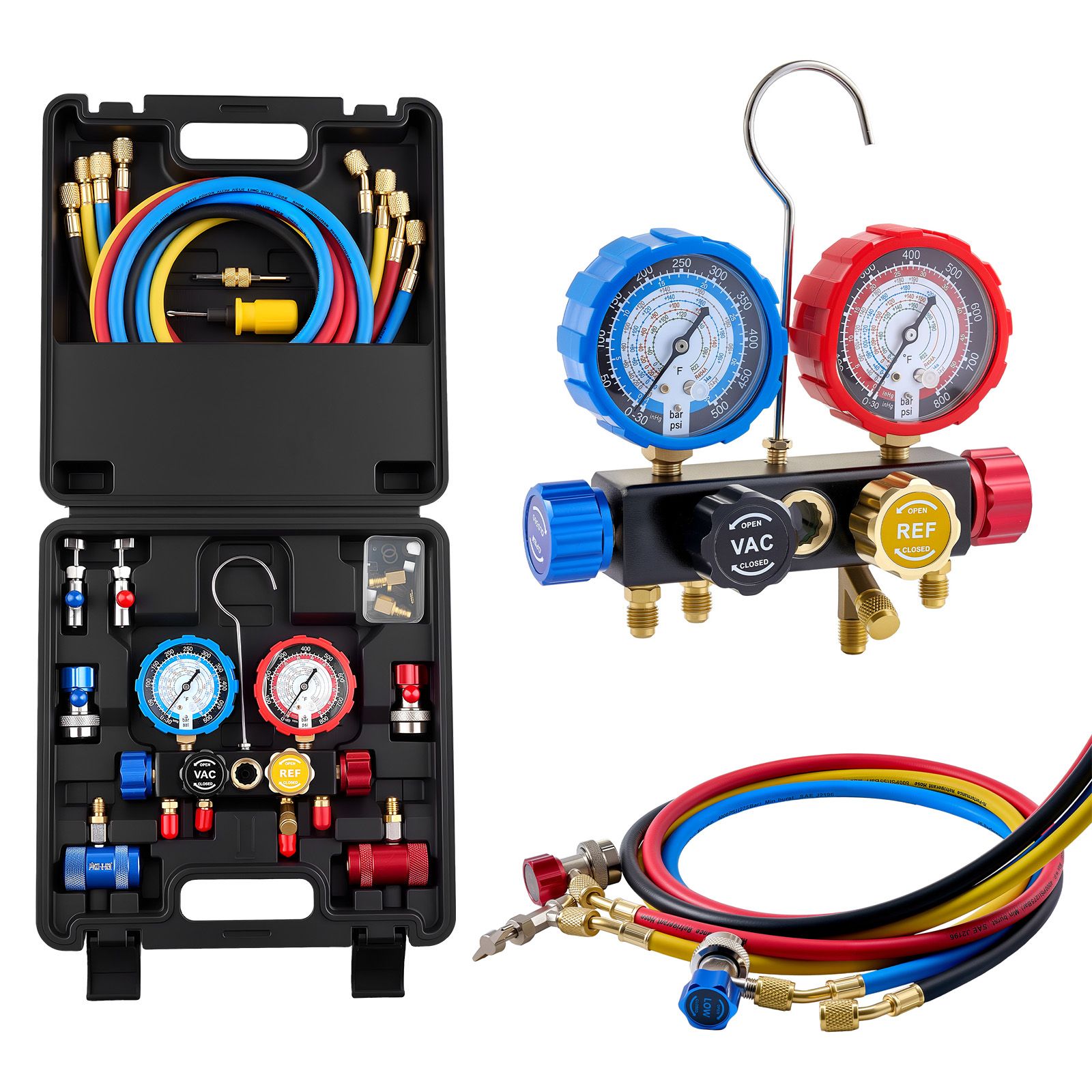 AC Manifold Gauge Set for R134a R404A R1234yf R22 Refrigerant, 4 Way AC Gauge with 1.5m Hoses, Adapters, Quick Couplers, Can Taps for Automotive Air