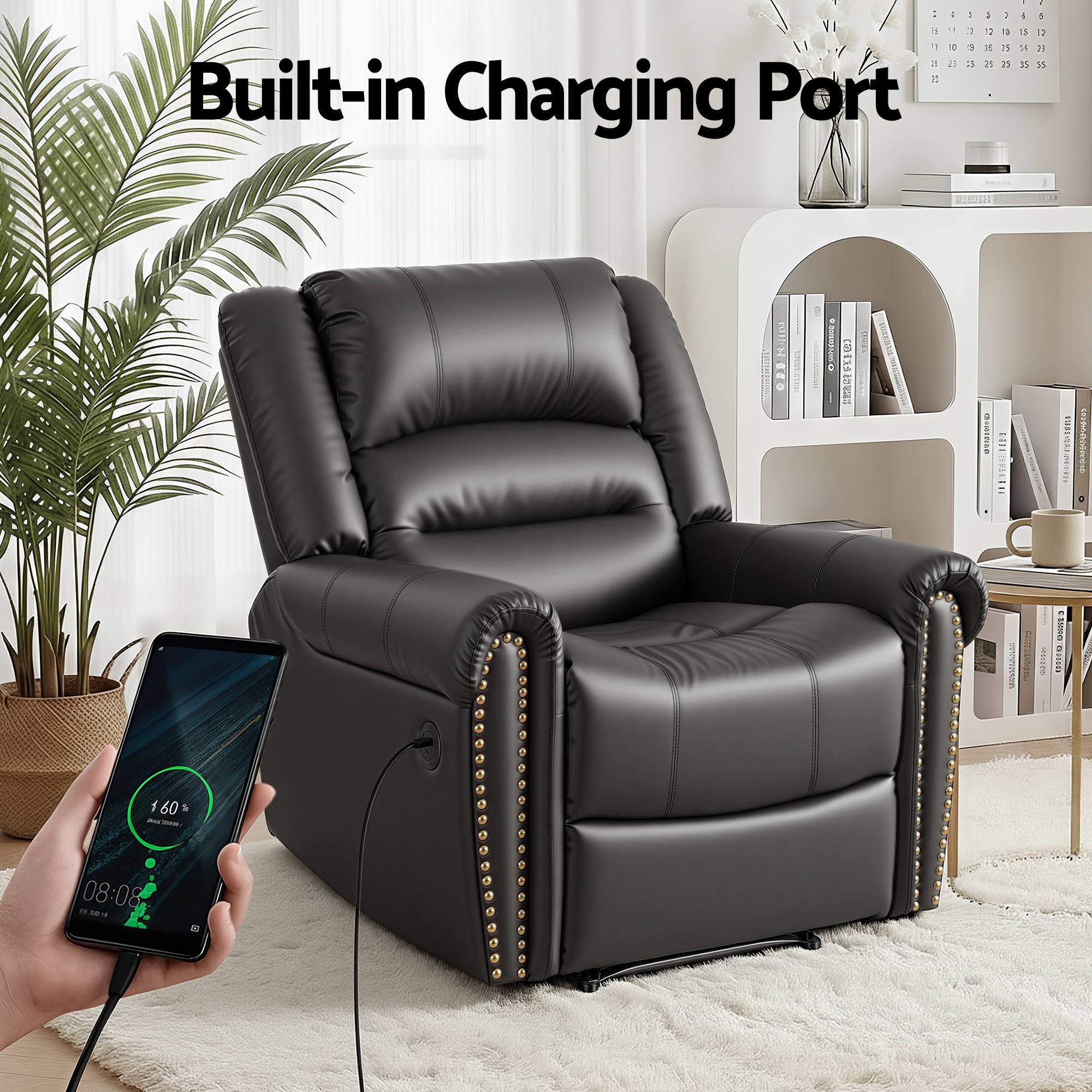 Artiss Leather Manual Recliner Chair with USB Charge Port, Overstuffed Armchair Sofa for Living Room and Nursery, Asjustable Theater Reclining Lounge with — image 5