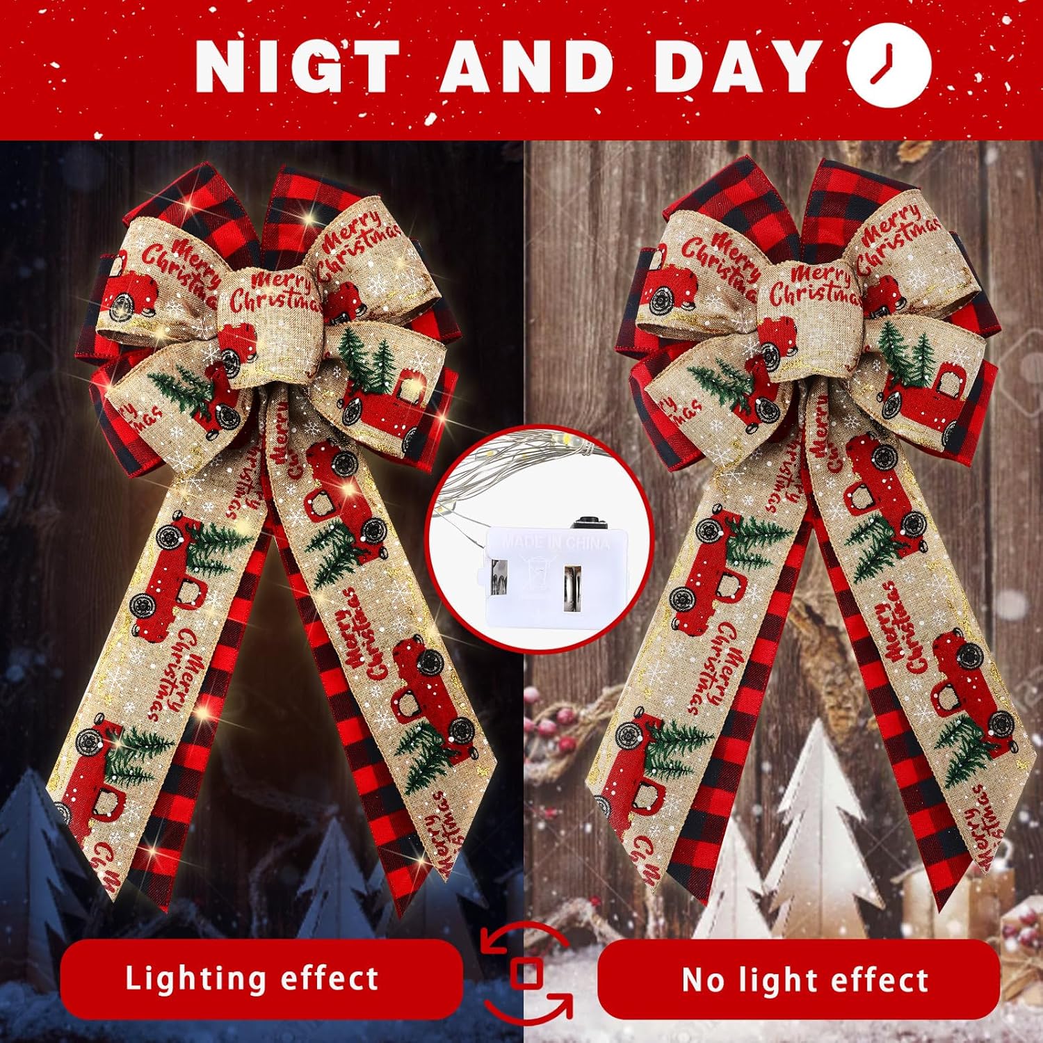 4 Pcs 10 x 18 Inch Christmas Buffalo Plaid LED Wreath Bow, Burlap Red Black Truck Pattern Lighted Bows, Xmas Tree Topper Ornaments Front Door Wall Stairs Decor — image 6