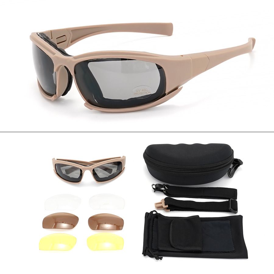 Khaki Tactical Protection Goggles with Storage Box and Elastic Straps (PC 4-Lens Set) - Windproof, Dustproof, UV Protection for Cycling, Tactical