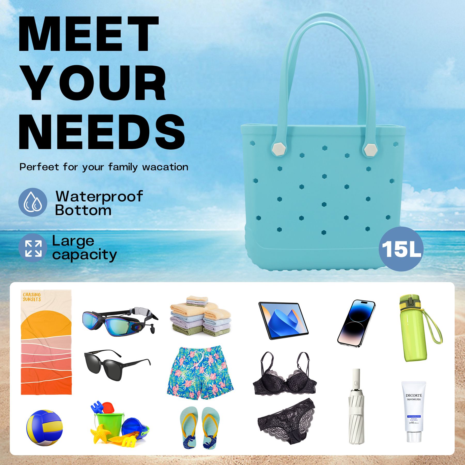 Waterproof Hexagon Mesh Beach Bag - Large Capacity Travel Storage Tote for Swimwear Towel Sunglasses - Light Blue Medium 37x32x13cm โ image 4