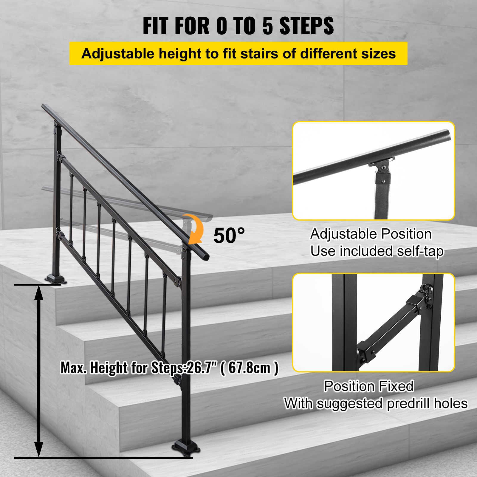 Iron Handrail Stair Railing Hand Rail Kit 1-4 Steps Outdoor Black w/ Bars โ image 3