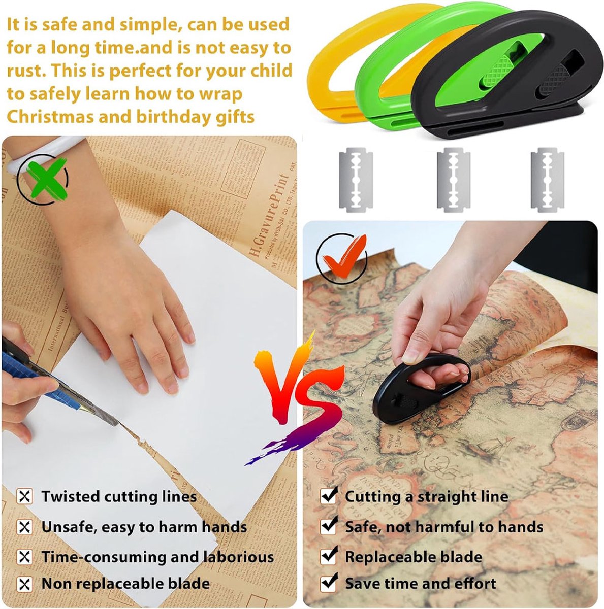 Wrapping Paper Cutter - 3 Pieces - Wrapping Paper Cutter - Wrapping Paper Roll Cutter Aid - Simple, Fast, and Safe - Ultra Sharp Blade - Paper Roll Cutter — image 3