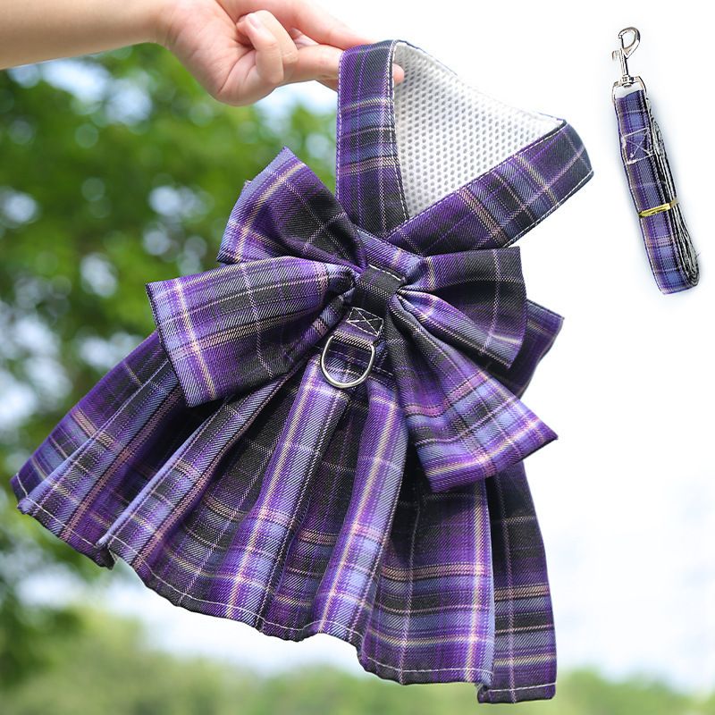 Dark Purple Plaid Pet Harness Dress with Leash for Small Dogs and Cats XS Size Bow Design Vest Outfit Walking Accessory โ image 4