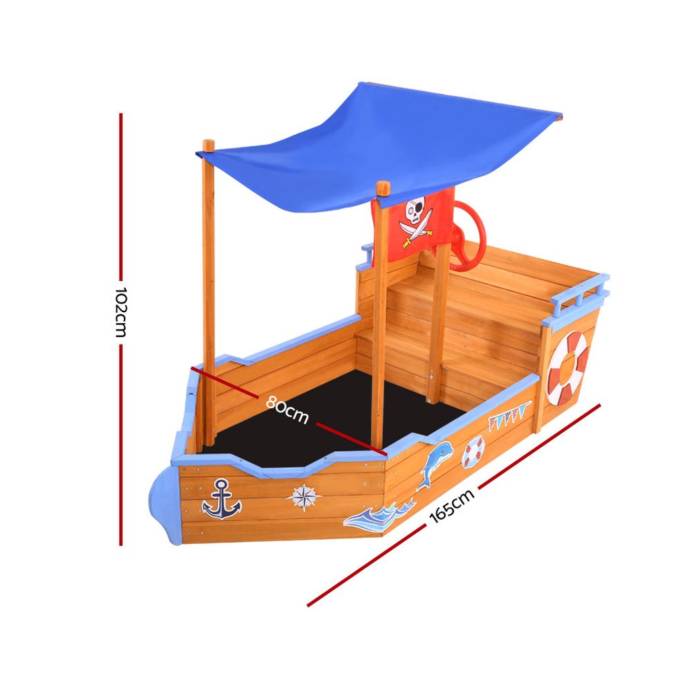 Keezi Kids Sandpit Wooden Boat Sand Pit with Canopy Bench Seat Beach Toys 165cm โ image 2