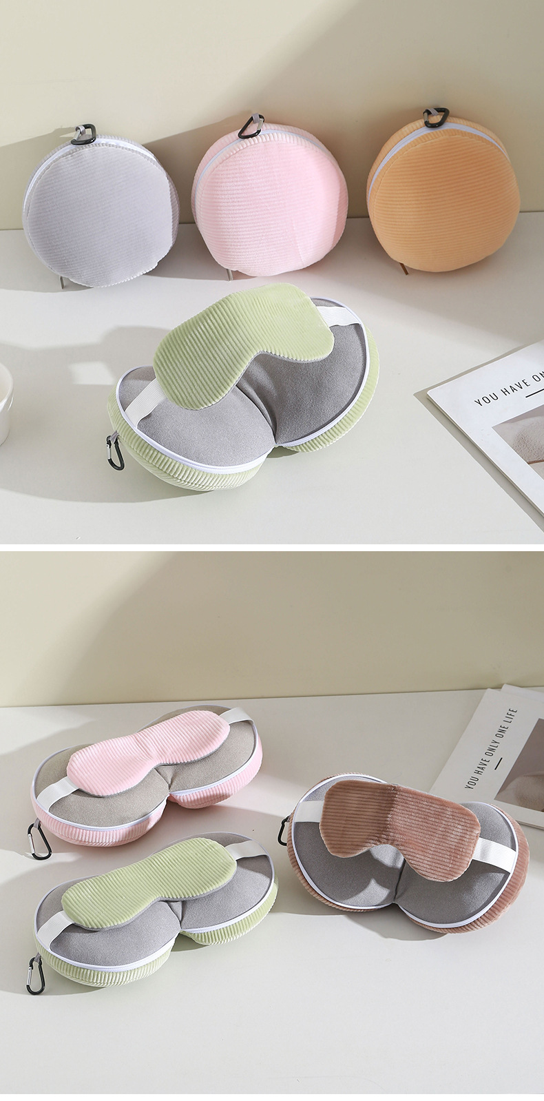 Beige and Grey 3-in-1 Foldable Sleep Eye Mask with Neck Pillow - Compact Travel Pillow for Airplane, Office Naps and Restful Sleep — image 6