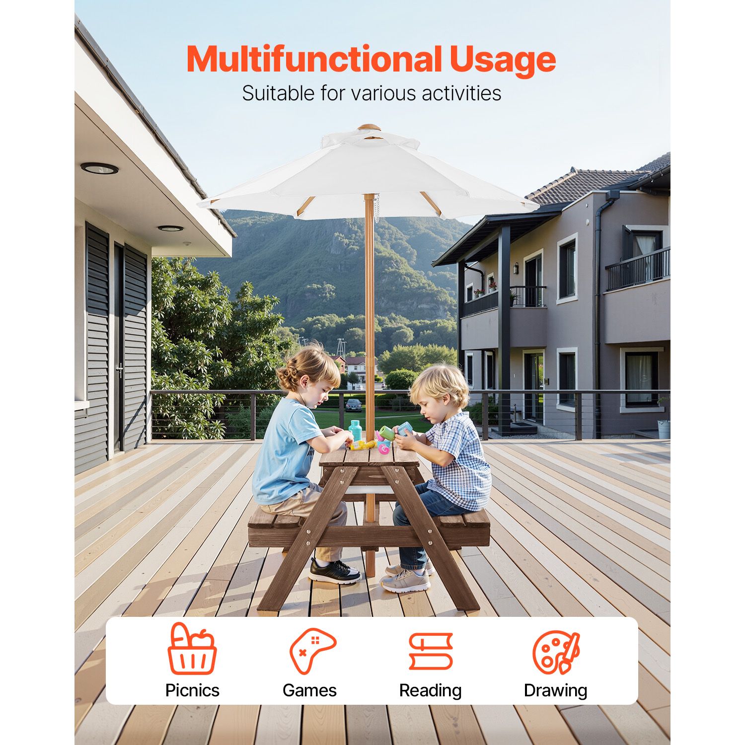 Picnic Table Wooden Tables and Bench Set Umbrella Garden Indoor Outdoor โ image 6
