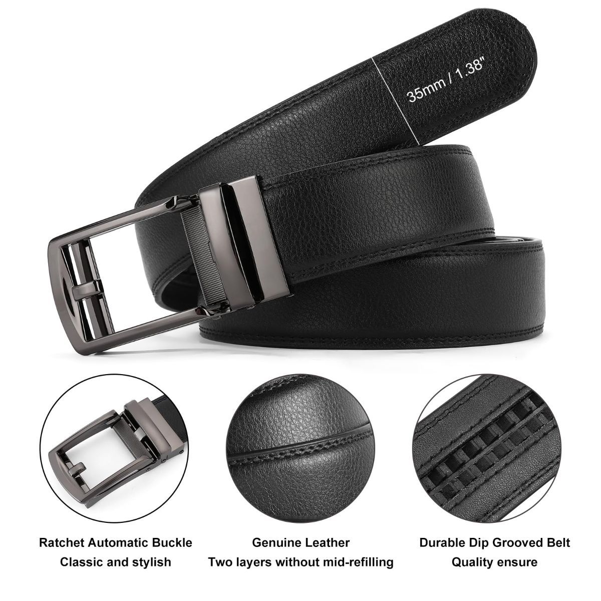 Ratchet Belt for Men Genuine Leather - Micro-Adjust Buckle Trim to Fit Dress Belt Casual to Formal Gift Boxed - Basic Gun - Black - Size 34"-40" Waist — image 6