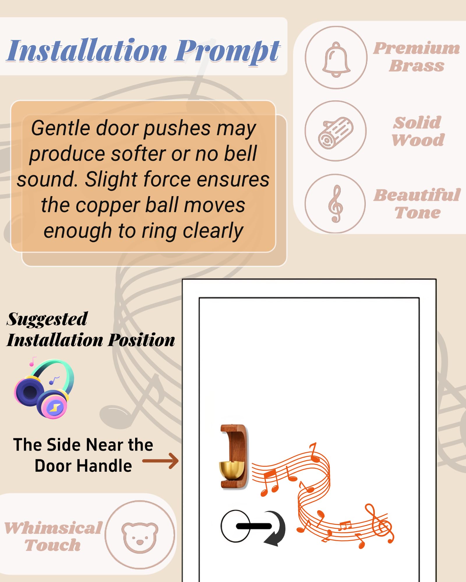 1 Piece Vintage Wooden Door Bell with Copper Chime and Magnetic Mount for Entryways and Bedrooms, Beech Owl Design — image 4
