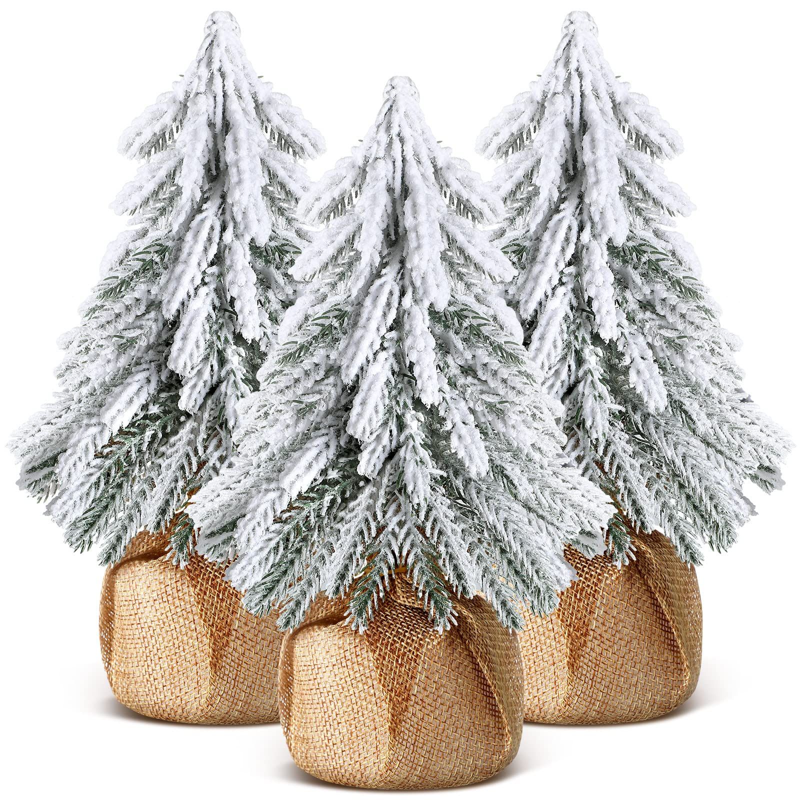3 Pcs Snow Tabletop Christmas Trees, Snow Flocked Mini Tabletop Pine Trees with Wooden Base,Artificial Desk Christmas Trees for Xmas Holiday Home Party Table