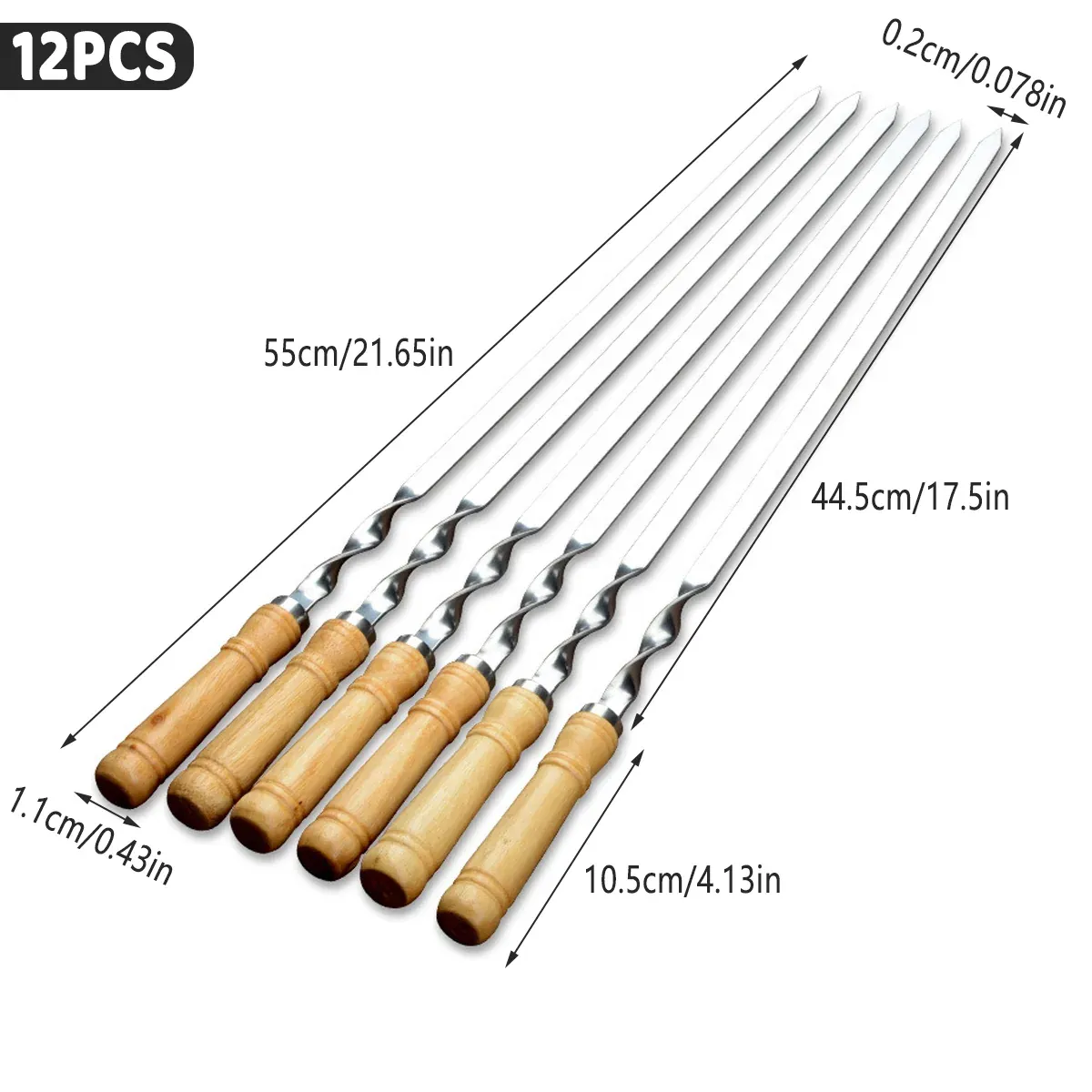 BBQ Skewers 12PCS Flat Stainless Steel 55cm Wooden Handle Grill Meat Veg โ image 3