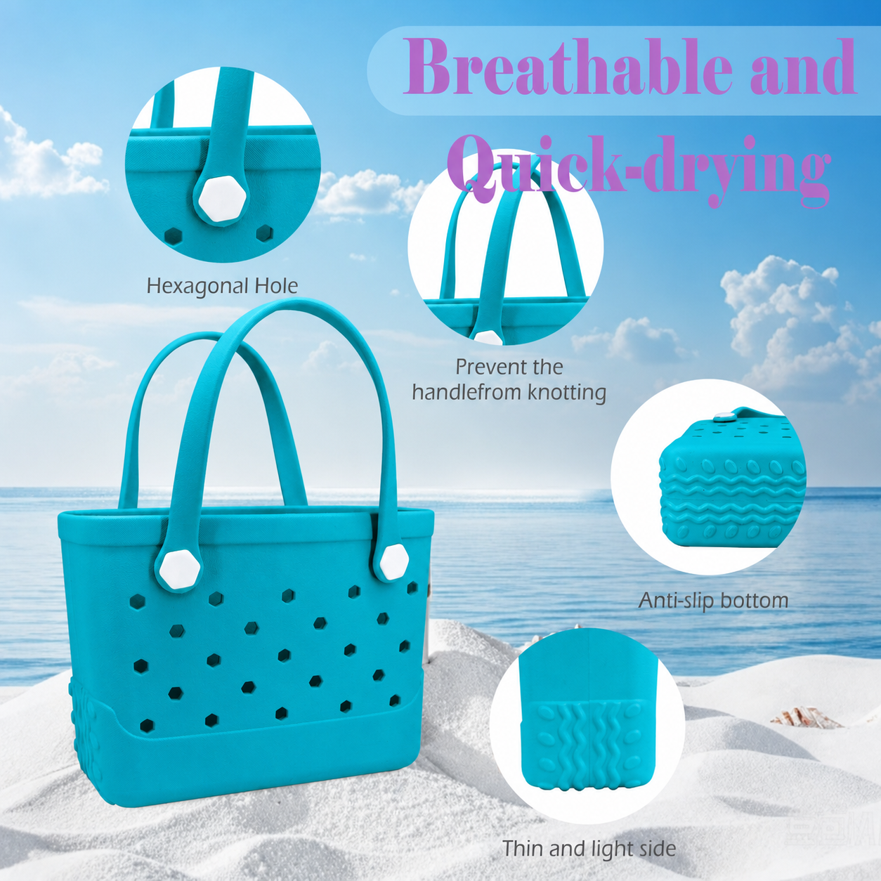 Waterproof Hexagon Mesh Beach Bag - Large Capacity Travel Storage Tote for Swimwear Towel Sunglasses - Lake Blue Small 28x21x11cm โ image 3