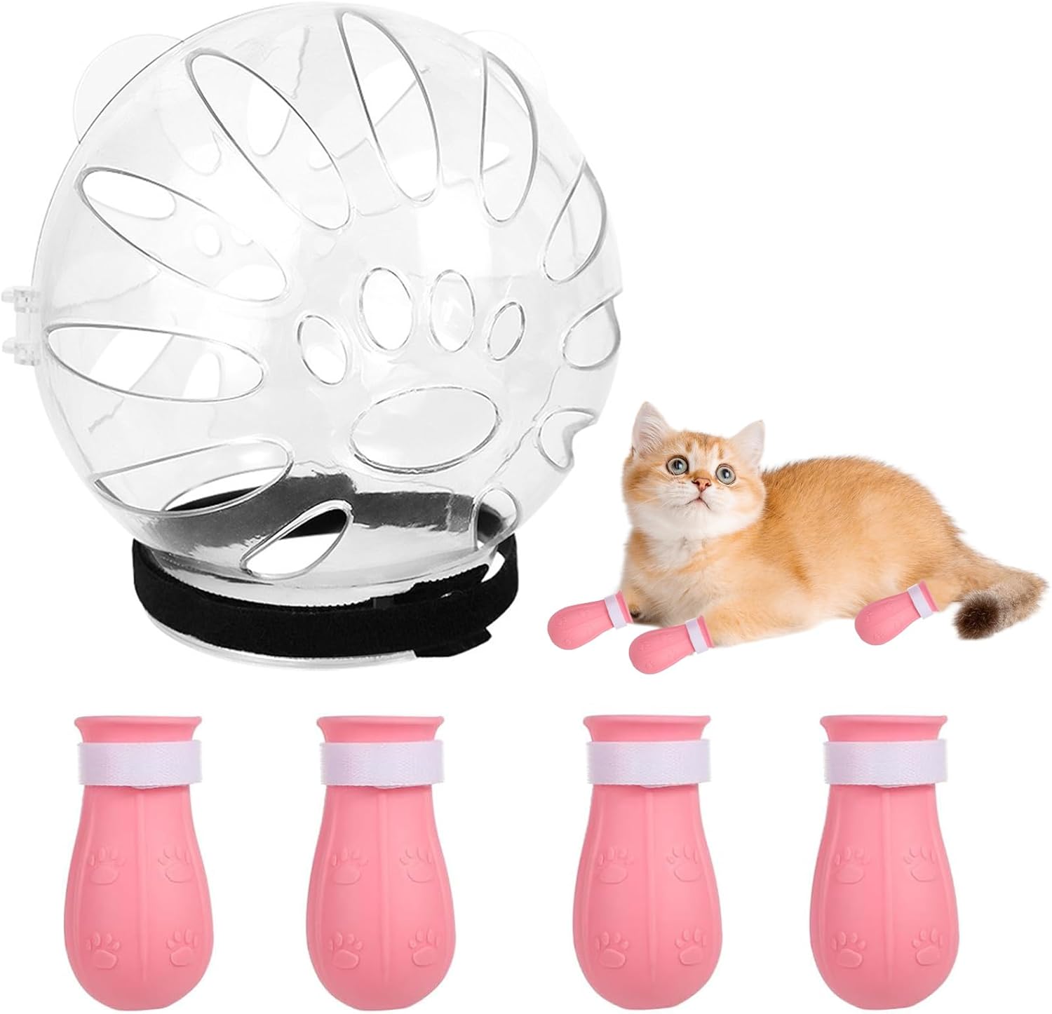 Cat Muzzle and Boots Set, Cat Transparent Muzzle Prevent from Cats Biting Chewing, Breathable Cat Adjustable Hood for Grooming, Adjustable Cat Anti-Scratch