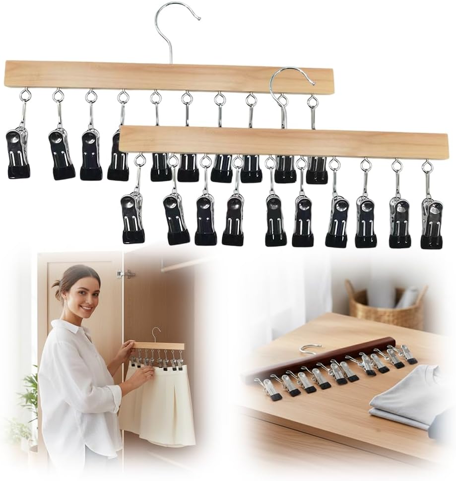2 Pack Legging Hanger for Closet, with 10 Non Slip Clips Each, Wooden Clothes Hanger for Home Use, Space Saving Hanger for Family (Wood)