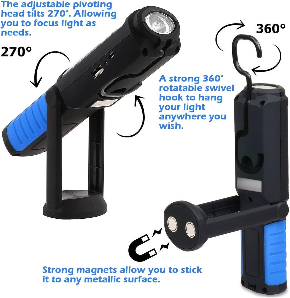 Multi-Function LED Work Light - USB Rechargeable Magnetic Flashlight with 360° Rotation, Waterproof Portable Lantern for Auto Repair, Camping & Emergency — image 3