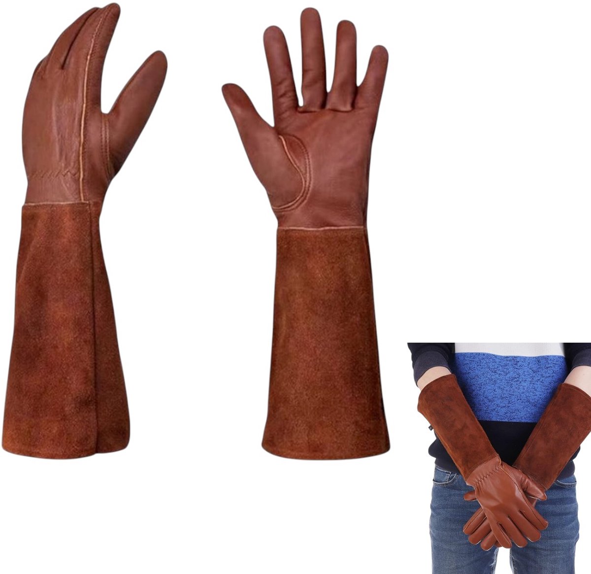 1 pair - garden gloves for ladies/gentlemen - thorn-resistant cowhide leather - rose/blackberry pruning - long forearm protection, thorn- and cut-resistant