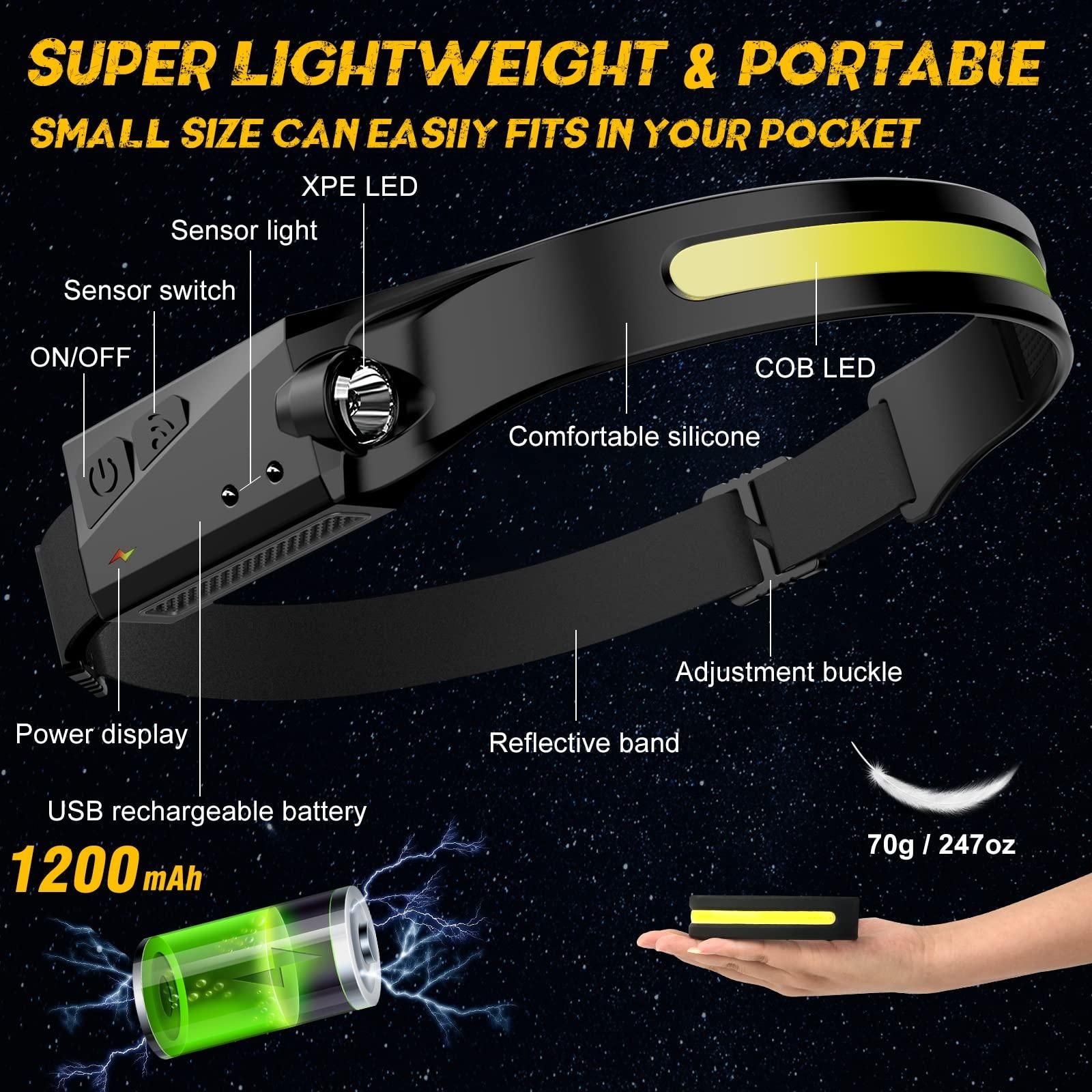 LED Headlamp Rechargeable Headlamp with Motion Sensor 4 Modes Outdoor Waterproof Flashlight for Camping, Hiking, Fishing — image 6
