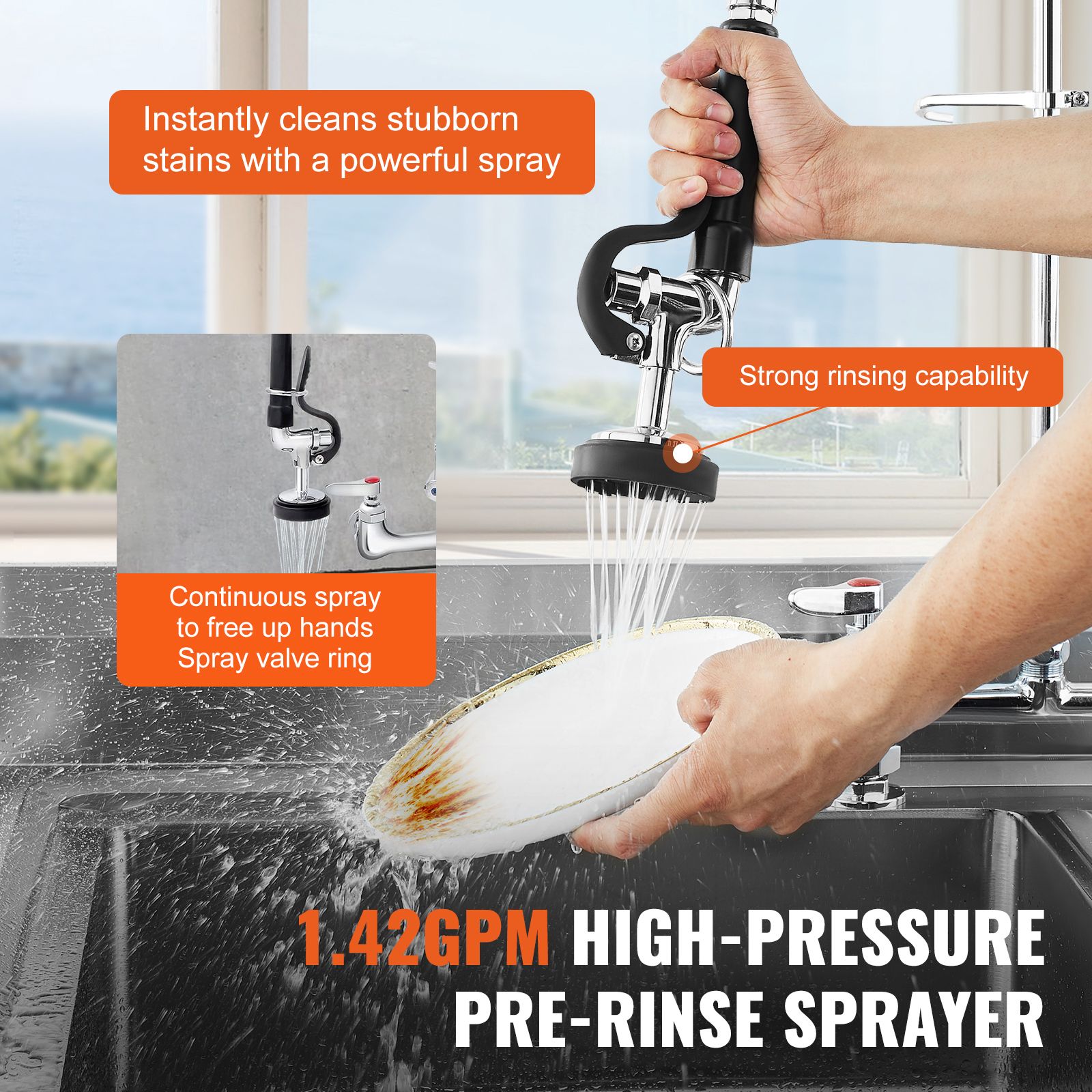 Commercial Faucet with Pre-Rinse Sprayer, 26" Height, 8" Center, 12" Swing Spout, Deck Mount Kitchen Sink Faucet, Brass Constructed Device with Pull Down — image 4