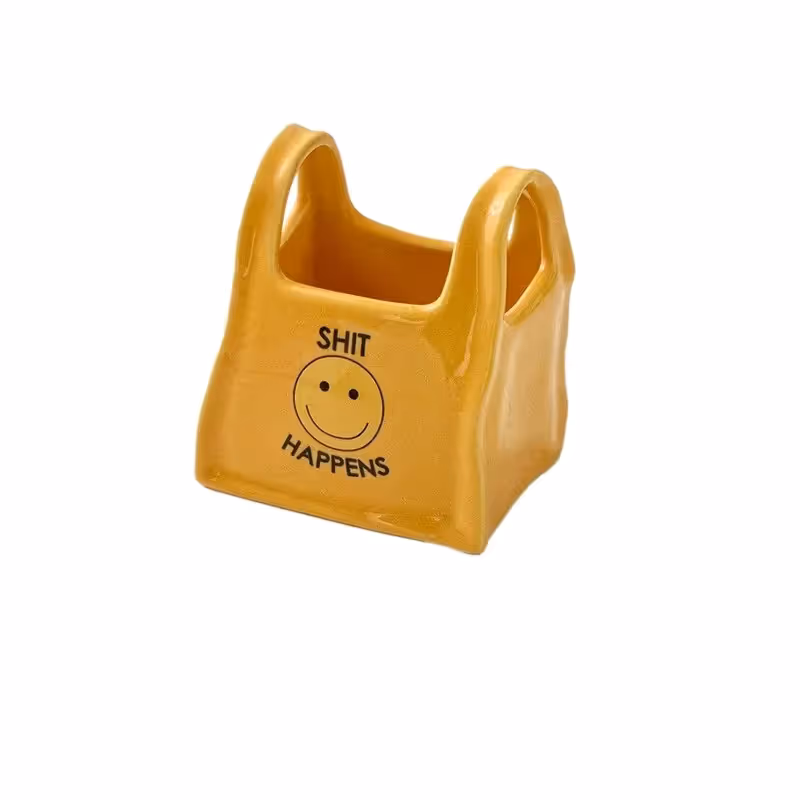 Yellow Ceramic Mini Tote Bag Pen Holder - Creative Desktop Storage Organizer for Makeup Brushes, Remote Controls and Stationery, Cute Smiley Decorative