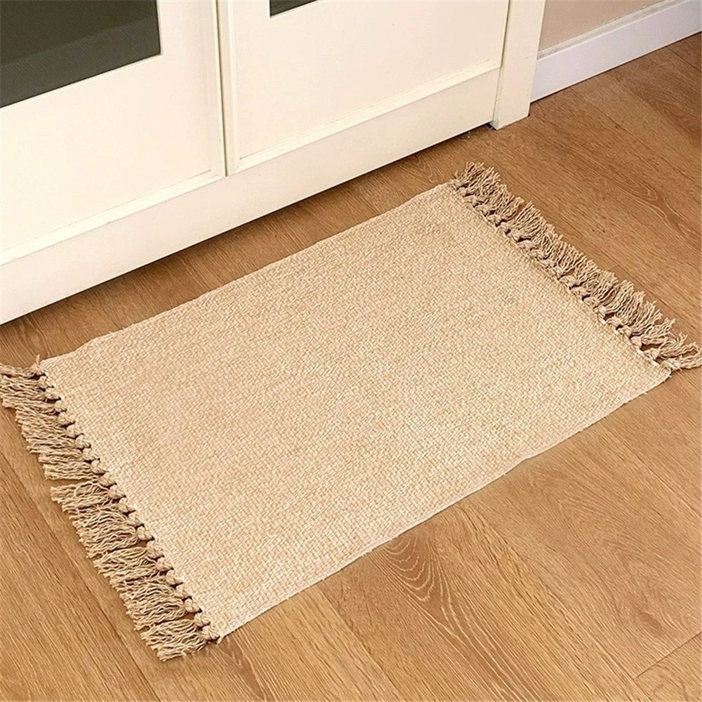 Small Bathroom Rug,Hand-Woven Low Profile Front Entryway Rug, Cotton Reversible Washable Kitchen Mat Modern Farmhouse Carpet （Hemp yellow 40 * 70cm） — image 5