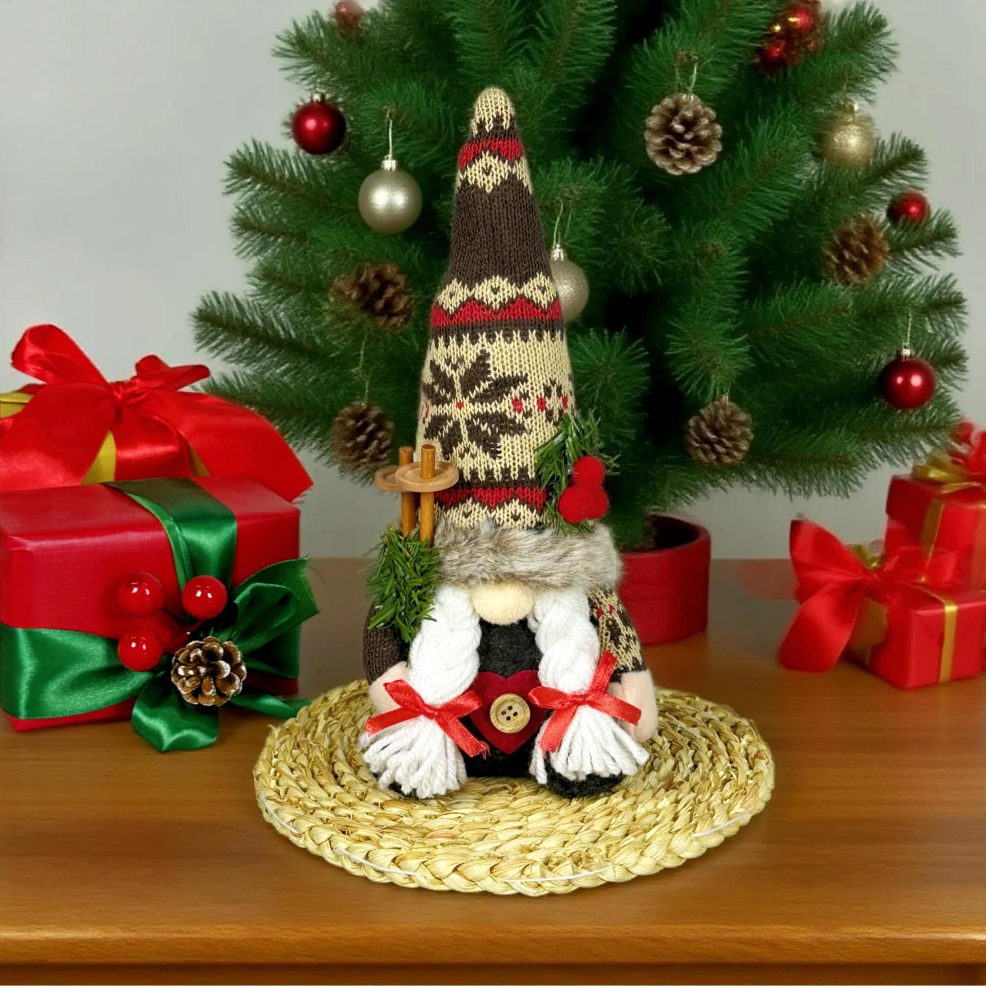 Knitted Hat Rudolph Gnome Figurine | Holding Pine Branches and Skis, Nordic-Style Adorable Ornament Lights Up Christmas./Knitted Snow Hat Doll (for โ image 3