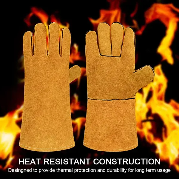Heat Resistant Split Cowhide Welding Gloves with Cotton Lining for Welding, Grilling, Fireplaces and Gardening, Yellow, 33 cm — image 2