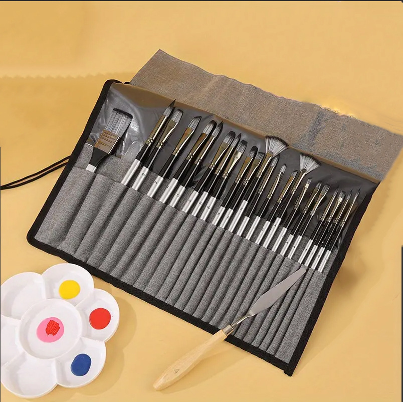 24pc Artist Paint Brush Set with Canvas Roll-Up Case - Nylon Hair Brushes for Acrylic Watercolor Oil Gouache Painting โ image 4