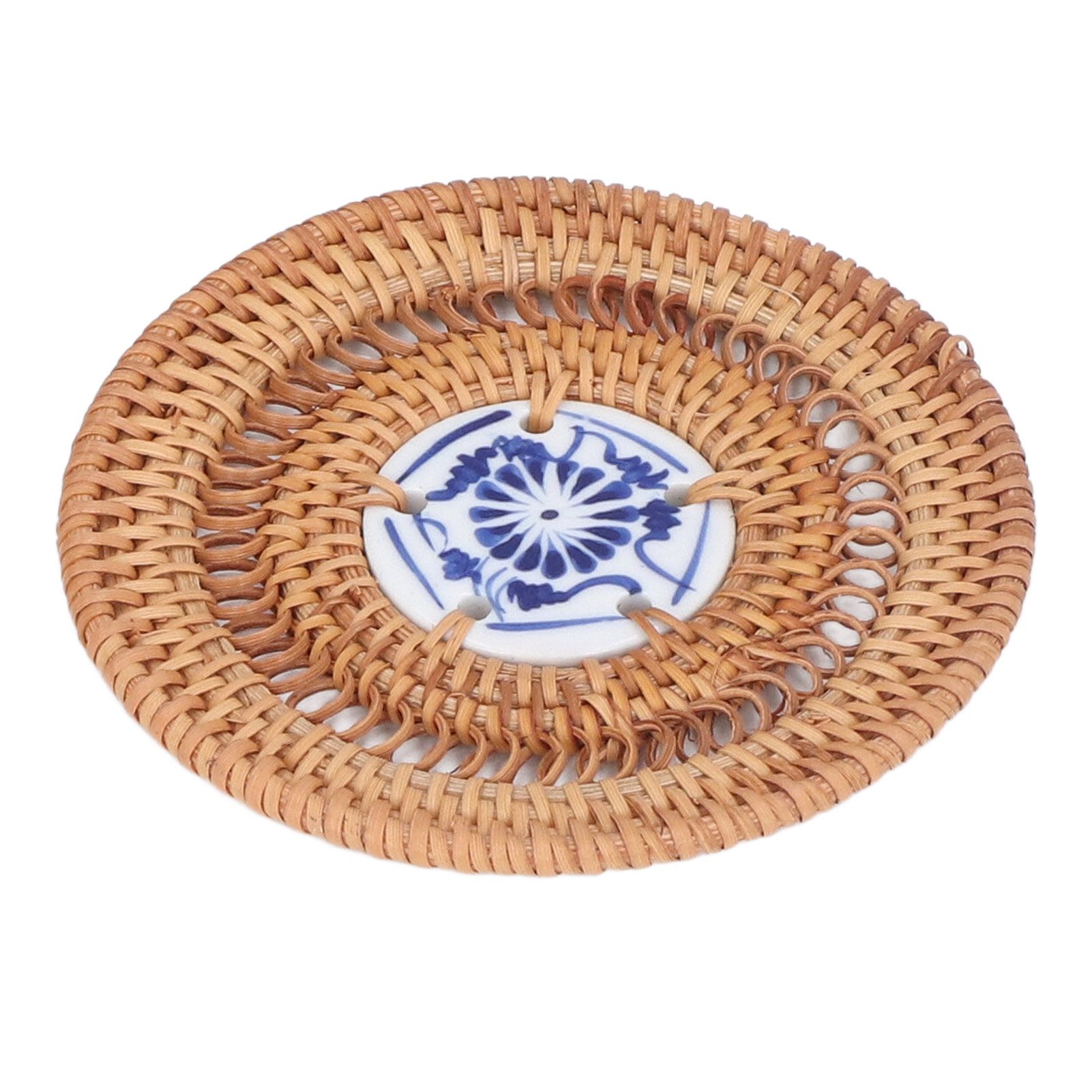 Blue and White Porcelain Coaster Round Woven Rattan Blue White Porcelain Cup Holder for Basil Cups Rattan Cups10cm/3.9in — image 4