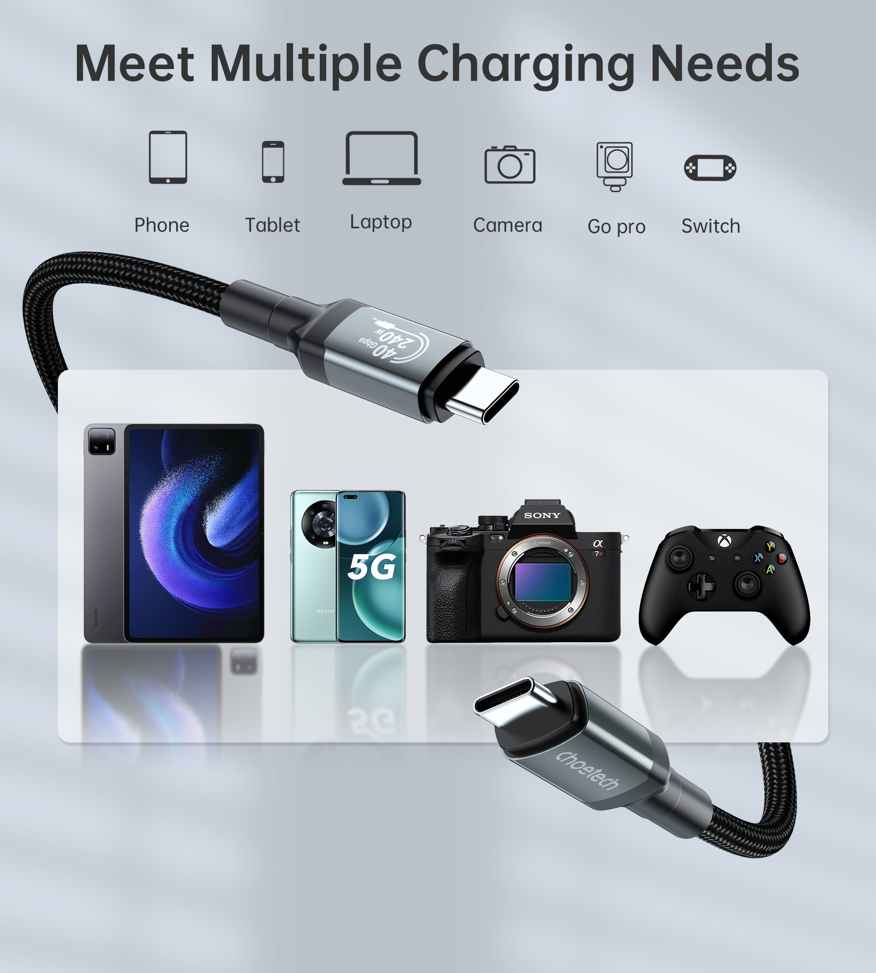 CHOETECH XCC-1042 Gen3.0 USB4.0 with 8K @ 60hz Video & Audio 240W USB-C to C Braided Cable 2M โ image 5