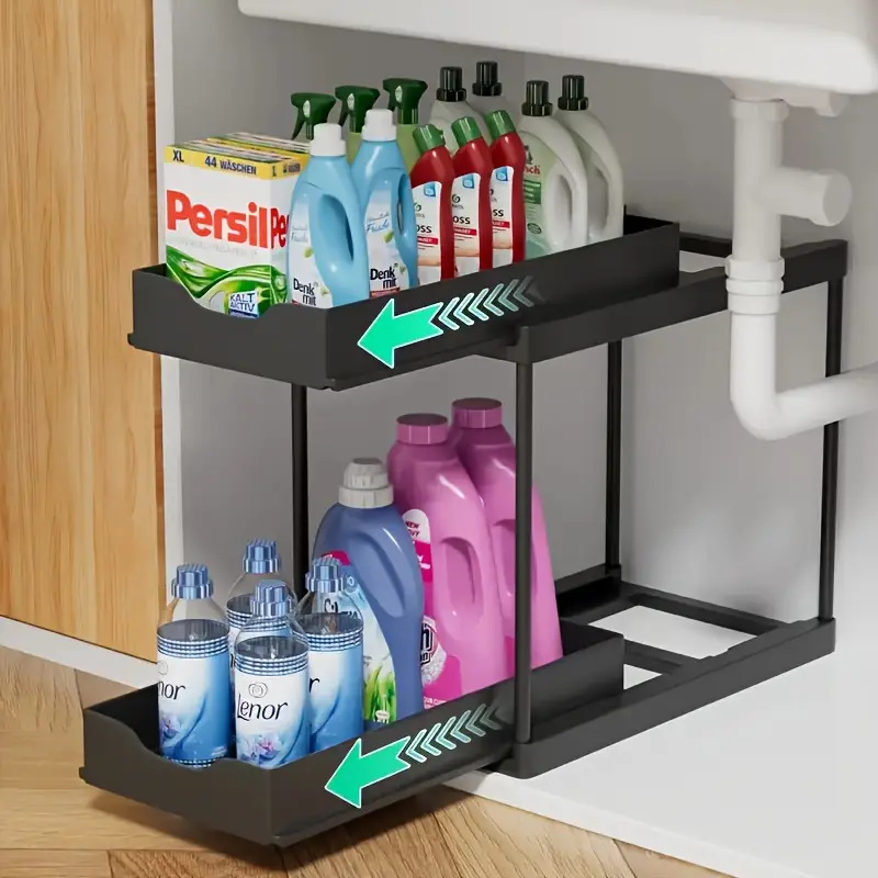 BLACK Two-tier pull-out storage rack. An organizational lifesaver for under the kitchen sink. Features adjustable shelves for easy storage of bottles and jars — image 5