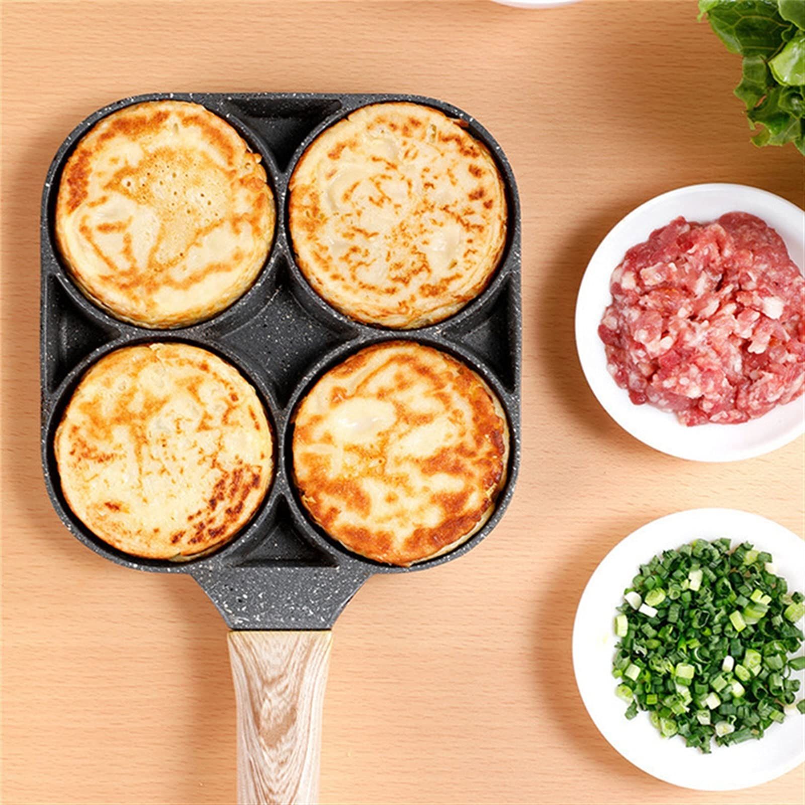 Saucepan Four- Hole Frying Pot Skillet Nonstick Frying Pan Saucepan Egg Steak Ham Pancake Wooden Handle Kitchen Cooking Breakfast โ image 4