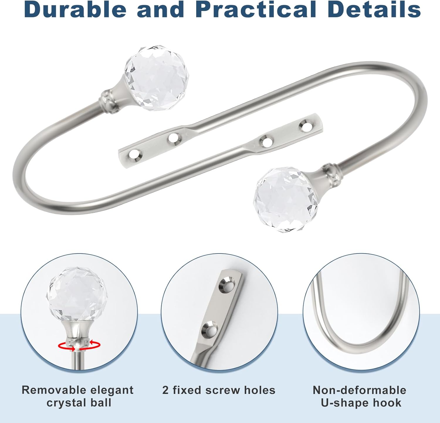 Curtain Holdbacks Silver Wall Mounted Curtain Holders Window Drapery Tiebacks with Clear Crystal Ball Quality Metal Curtain Tiebacks Curtain Hooks with Screws — image 3