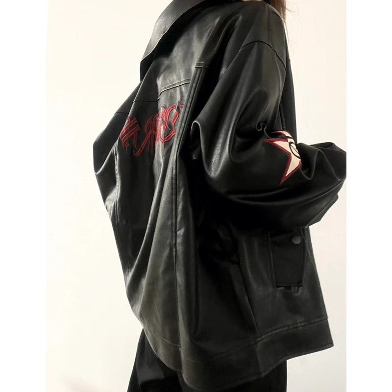 Women PU Leather Jacket Black Polo Collar Zipper L 110 to 125kg โ image 5