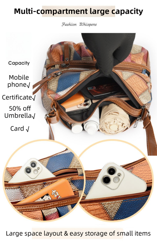 Lightweight Contrast Color Patchwork Shoulder Bag - Multi-Zipper Large Capacity PU Leather Satchel for Women(Style 2) โ image 3